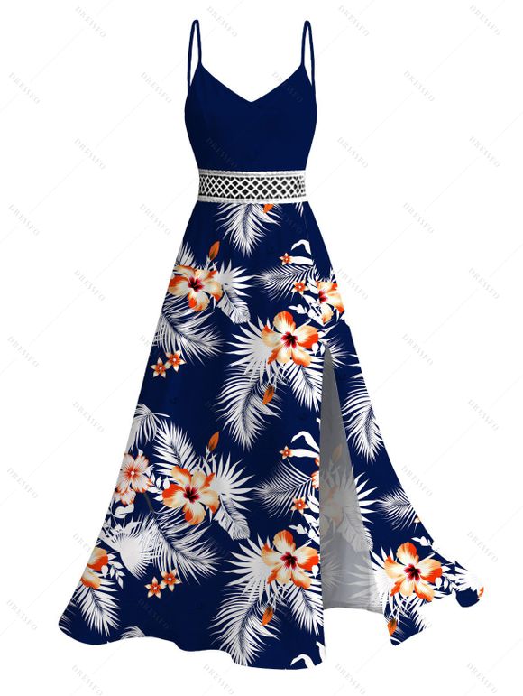 Hawaiian Vacation Couple Outfit Hibiscus Floral Tropical Leaf Print Lace Hollow Out Slit Dress and Shirt Set - Bleu de Minuit S | US 4