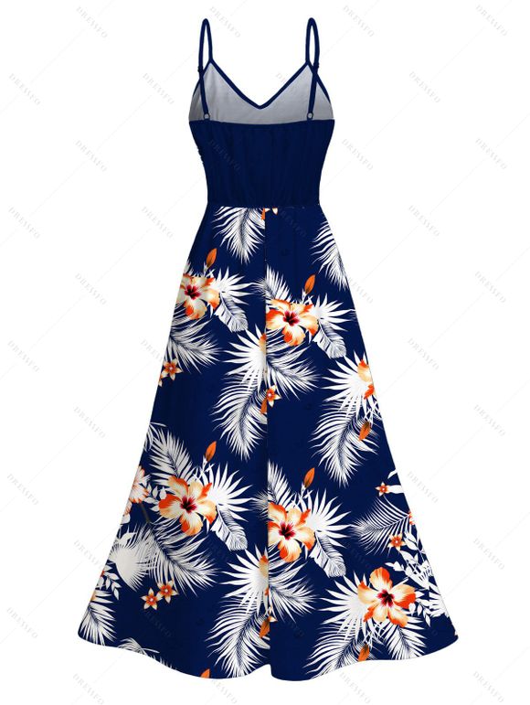Hawaiian Vacation Couple Outfit Hibiscus Floral Tropical Leaf Print Lace Hollow Out Slit Dress and Shirt Set - Bleu de Minuit S | US 4