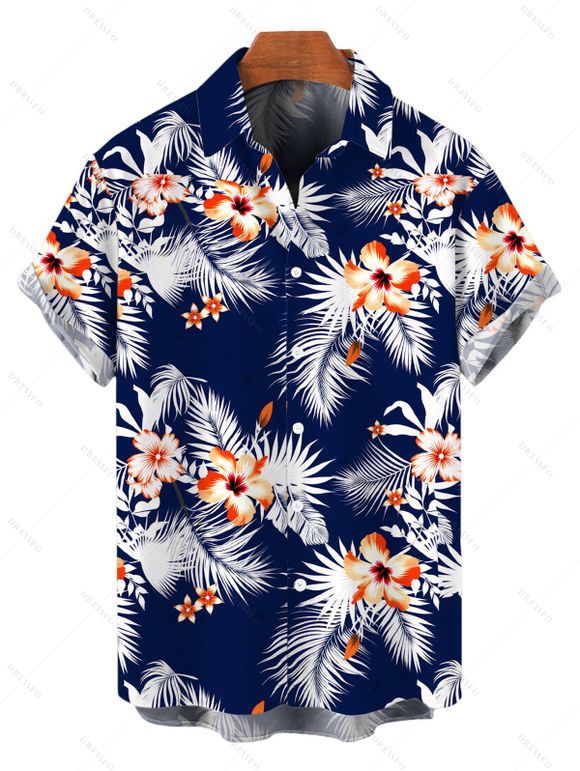 Hawaiian Vacation Couple Outfit Hibiscus Floral Tropical Leaf Print Lace Hollow Out Slit Dress and Shirt Set - Bleu de Minuit S | US 4