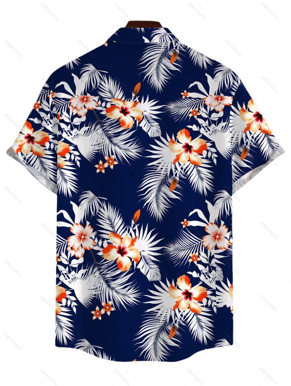 Hawaiian Vacation Couple Outfit Hibiscus Floral Tropical Leaf Print Lace Hollow Out Slit Dress and Shirt Set - Bleu de Minuit S | US 4