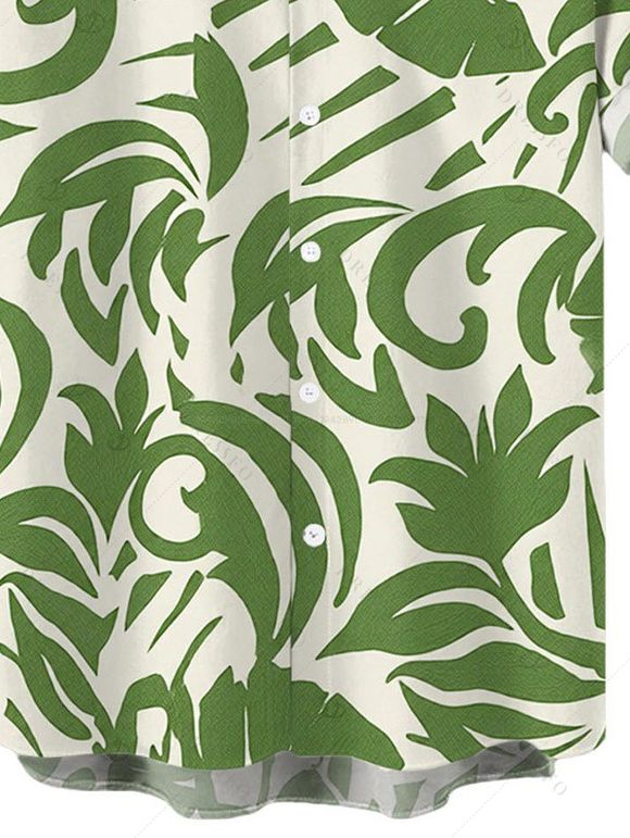 Vacation Couple Outfit Botanical Leaf Scroll Silhouette Print Flounce Off the Shoulder Smocked Slit Dress and Shirt Set - Vert S | US 4