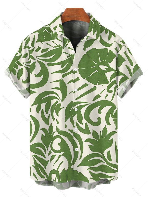Vacation Couple Outfit Botanical Leaf Scroll Silhouette Print Flounce Off the Shoulder Smocked Slit Dress and Shirt Set - Vert S | US 4
