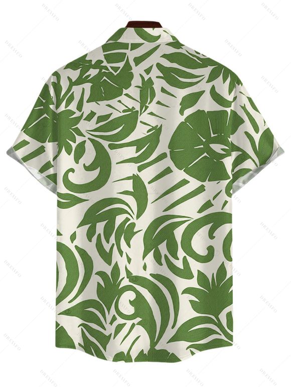 Vacation Couple Outfit Botanical Leaf Scroll Silhouette Print Flounce Off the Shoulder Smocked Slit Dress and Shirt Set - Vert S | US 4