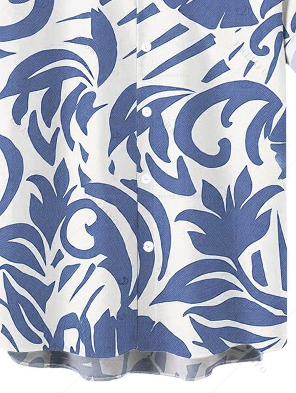 Vacation Couple Outfit Botanical Leaf Scroll Silhouette Print Flounce Off the Shoulder Smocked Slit Dress and Shirt Set - Bleu clair S | US 4