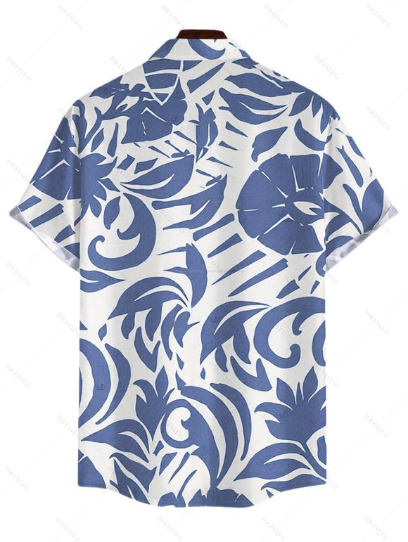 Vacation Couple Outfit Botanical Leaf Scroll Silhouette Print Flounce Off the Shoulder Smocked Slit Dress and Shirt Set - Bleu clair S | US 4