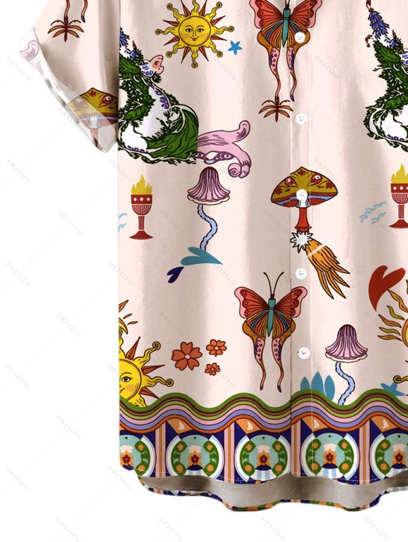 Men's Vacation Shirt Vintage Sun Butterfly Mushroom Cartoon Print Button Up Shirt - Rose S