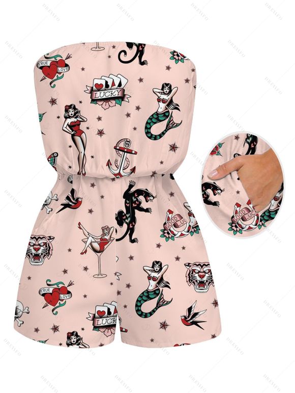 Vacation Romper Vintage Old School Tattoo Print Pocket Off the Shoulder Romper - Rose XXL | US 14