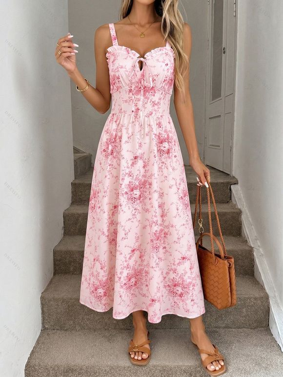 Vacation Dress Watercolor Rose Floral Print Ruffle Tied Cut Out Empire Waist Dress - Rose S | US 4