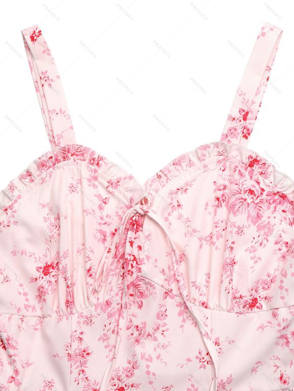 Vacation Dress Watercolor Rose Floral Print Ruffle Tied Cut Out Empire Waist Dress - Rose S | US 4
