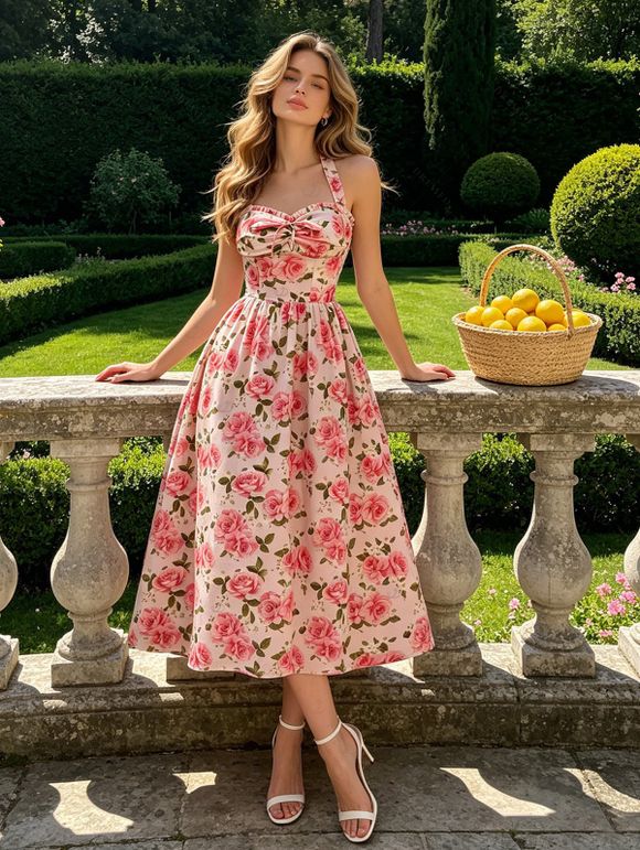 Vintage Vacation Dress Rose Print Ruched Bust Tied Garden Style Halter Maxi Dress - Rose S | US 4