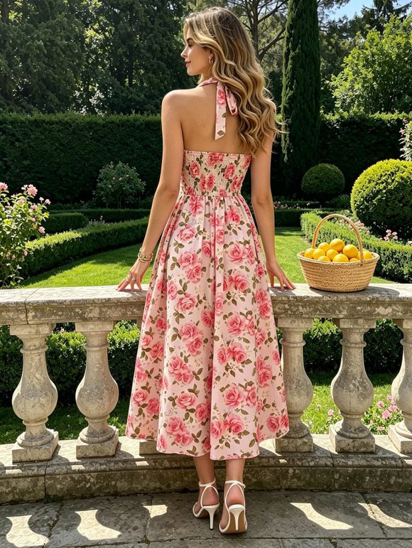 Vintage Vacation Dress Rose Print Ruched Bust Tied Garden Style Halter Maxi Dress - Rose S | US 4
