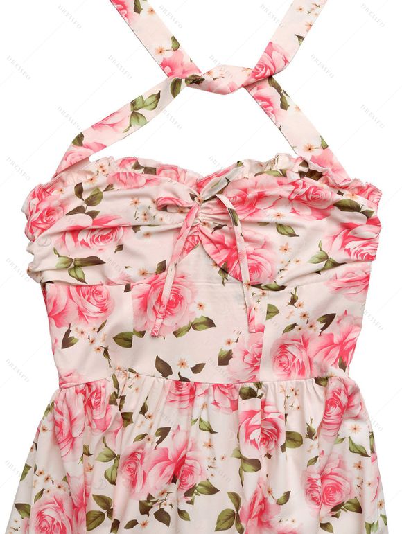 Vintage Vacation Dress Rose Print Ruched Bust Tied Garden Style Halter Maxi Dress - Rose S | US 4