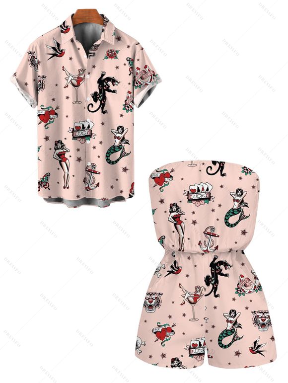 Vacation Couple Outfit Vintage Old School Tattoo Print Pocket Off the Shoulder Romper and Shirt Set - Rose S | US 4