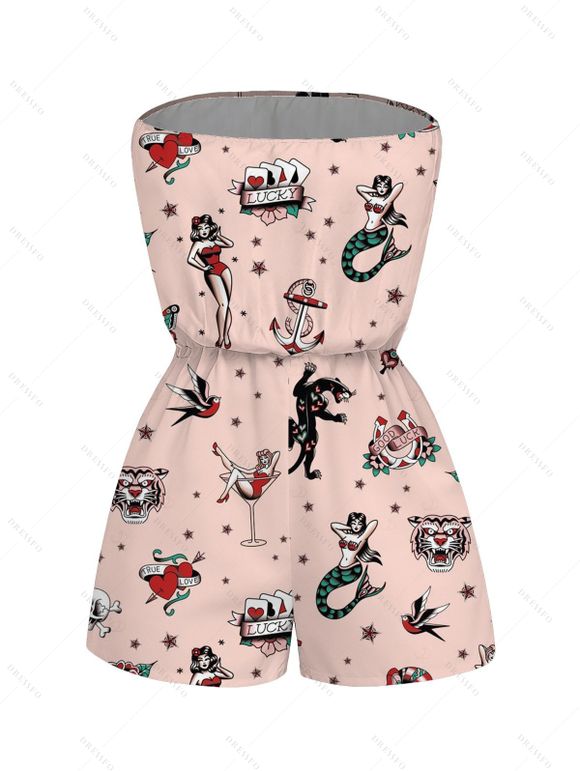 Vacation Couple Outfit Vintage Old School Tattoo Print Pocket Off the Shoulder Romper and Shirt Set - Rose S | US 4