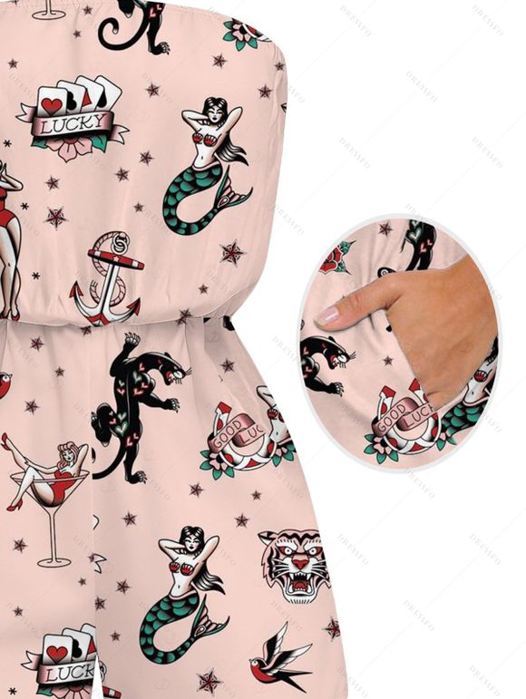 Vacation Couple Outfit Vintage Old School Tattoo Print Pocket Off the Shoulder Romper and Shirt Set - Rose S | US 4