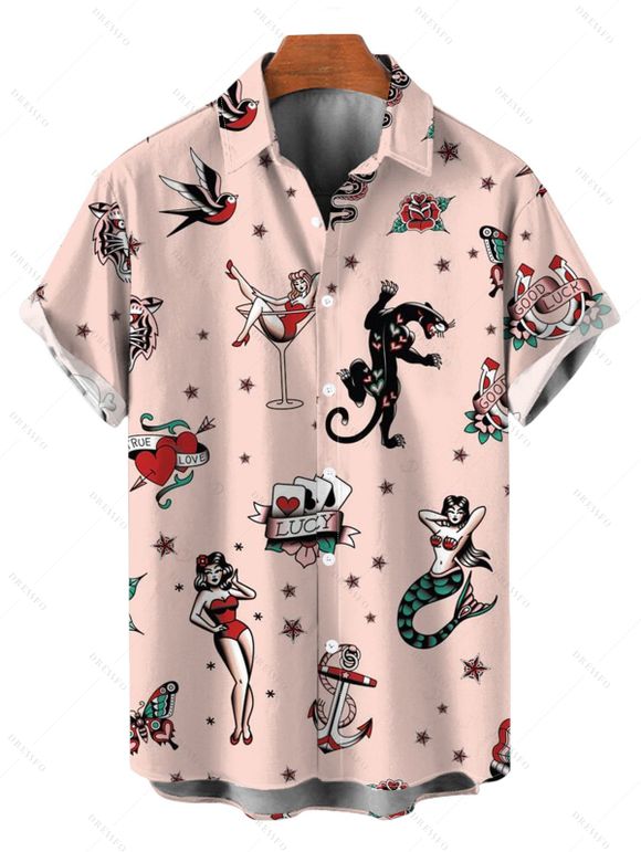 Vacation Couple Outfit Vintage Old School Tattoo Print Pocket Off the Shoulder Romper and Shirt Set - Rose S | US 4