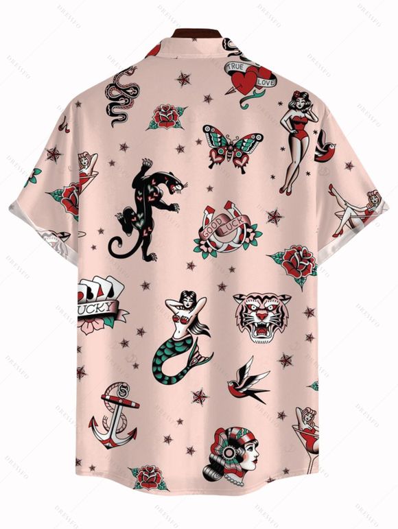 Vacation Couple Outfit Vintage Old School Tattoo Print Pocket Off the Shoulder Romper and Shirt Set - Rose S | US 4
