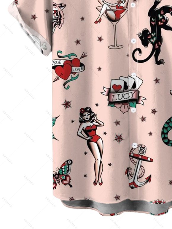 Vacation Couple Outfit Vintage Old School Tattoo Print Pocket Off the Shoulder Romper and Shirt Set - Rose S | US 4