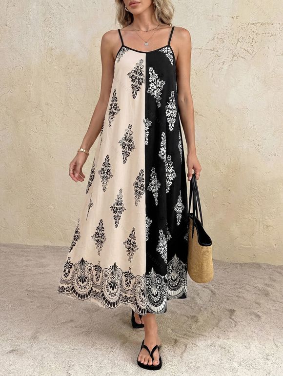 Bohemian Vacation Dress Contrast Color Baroque Damask Print Spaghetti Strap Maxi Dress - Noir S | US 4