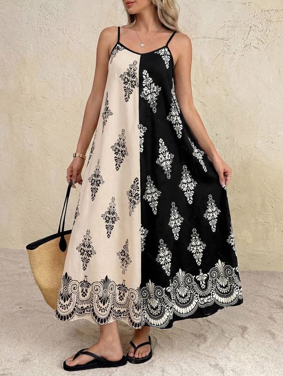 Bohemian Vacation Dress Contrast Color Baroque Damask Print Spaghetti Strap Maxi Dress - Noir S | US 4