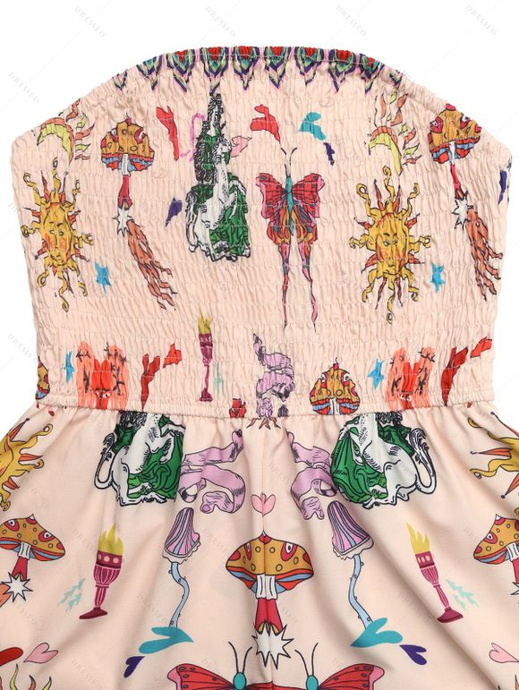 Vacation Romper Vintage Sun Butterfly Mushroom Cartoon Print Smocked Off the Shoulder Romper - Rose S | US 4