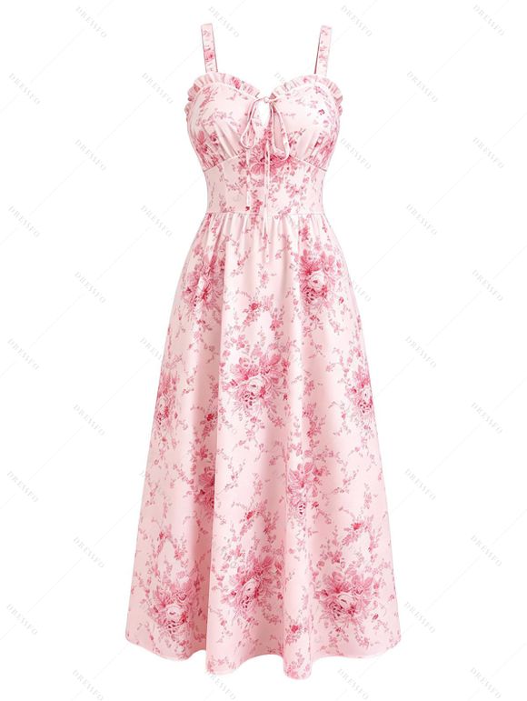 Vacation Couple Outfit Watercolor Rose Floral Print Ruffle Tied Cut Out Empire Waist Dress and Shirt Set - Rose S | US 4