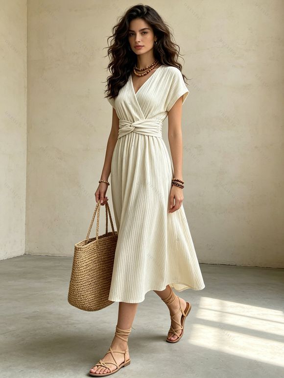 French Style Dress Solid Color Textured Surplice Front Twist Knot Waist V Neck Elegant Dress - Beige S | US 4