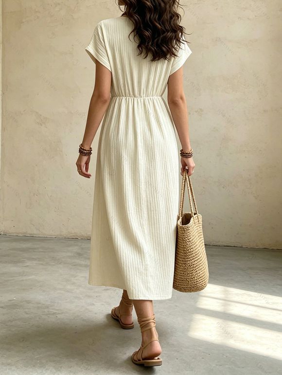 French Style Dress Solid Color Textured Surplice Front Twist Knot Waist V Neck Elegant Dress - Beige S | US 4