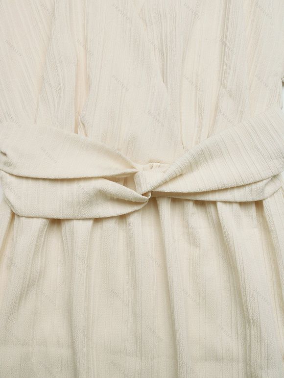 French Style Dress Solid Color Textured Surplice Front Twist Knot Waist V Neck Elegant Dress - Beige S | US 4
