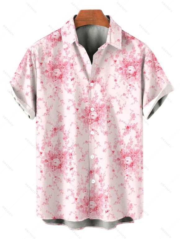 Vacation Couple Outfit Watercolor Rose Floral Print Ruffle Tied Cut Out Empire Waist Dress and Shirt Set - Rose S | US 4