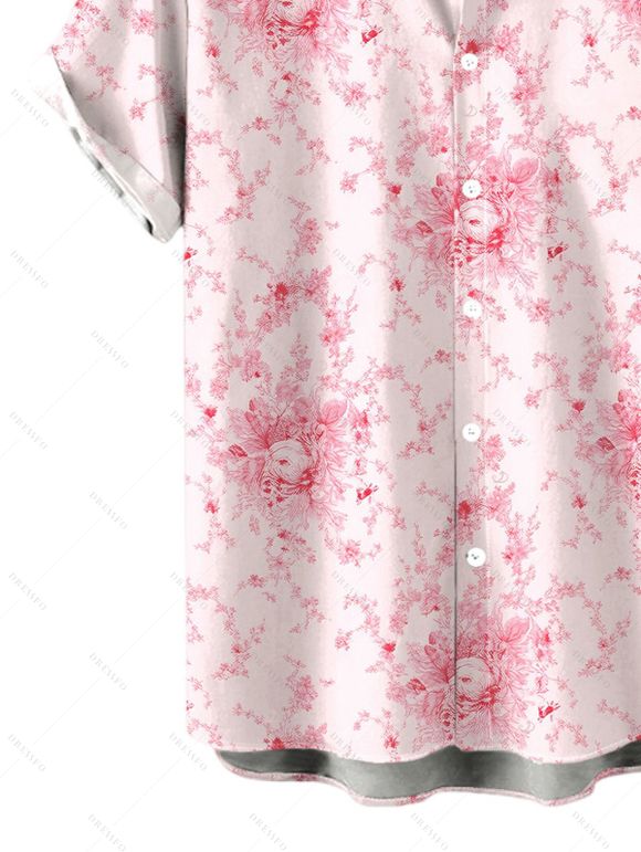 Vacation Couple Outfit Watercolor Rose Floral Print Ruffle Tied Cut Out Empire Waist Dress and Shirt Set - Rose S | US 4