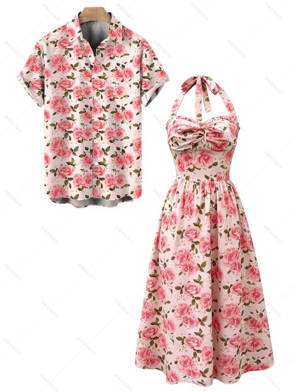Vintage Vacation Couple Outfit Rose Print Ruched Bust Tied Halter Maxi Dress and Shirt Set - Rose S | US 4