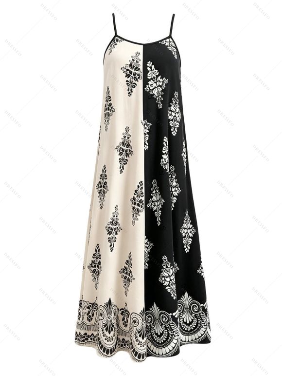 Bohemian Vacation Couple Outfit Contrast Color Baroque Damask Print Spaghetti Strap Maxi Dress and Shirt Set - Noir S | US 4