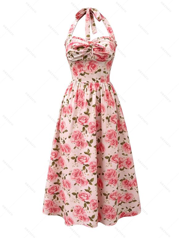 Vintage Vacation Couple Outfit Rose Print Ruched Bust Tied Halter Maxi Dress and Shirt Set - Rose S | US 4