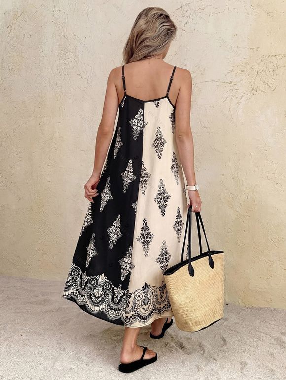 Bohemian Vacation Couple Outfit Contrast Color Baroque Damask Print Spaghetti Strap Maxi Dress and Shirt Set - Noir S | US 4