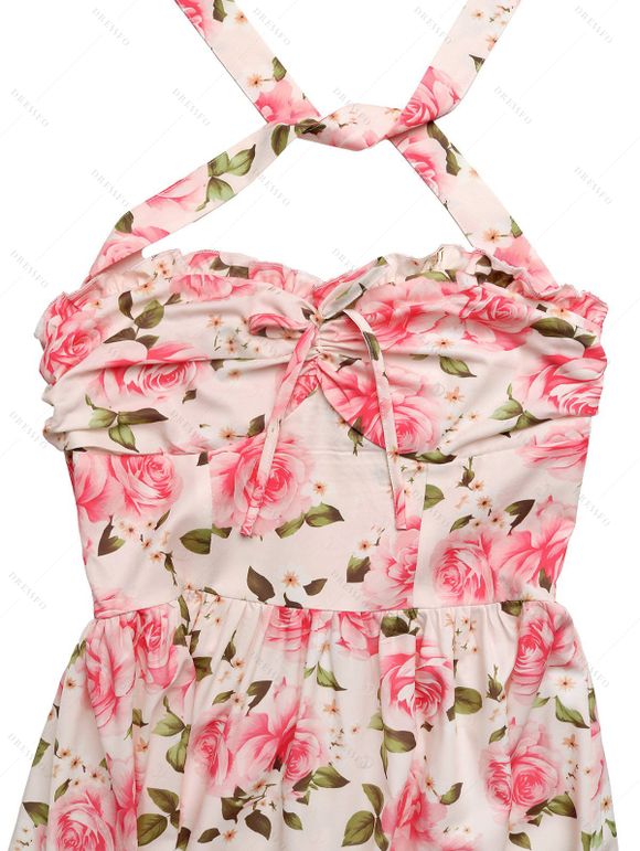 Vintage Vacation Couple Outfit Rose Print Ruched Bust Tied Halter Maxi Dress and Shirt Set - Rose S | US 4
