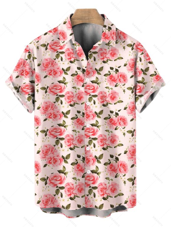 Vintage Vacation Couple Outfit Rose Print Ruched Bust Tied Halter Maxi Dress and Shirt Set - Rose S | US 4