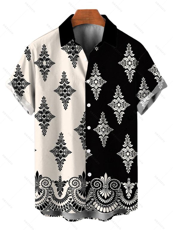 Bohemian Vacation Couple Outfit Contrast Color Baroque Damask Print Spaghetti Strap Maxi Dress and Shirt Set - Noir S | US 4