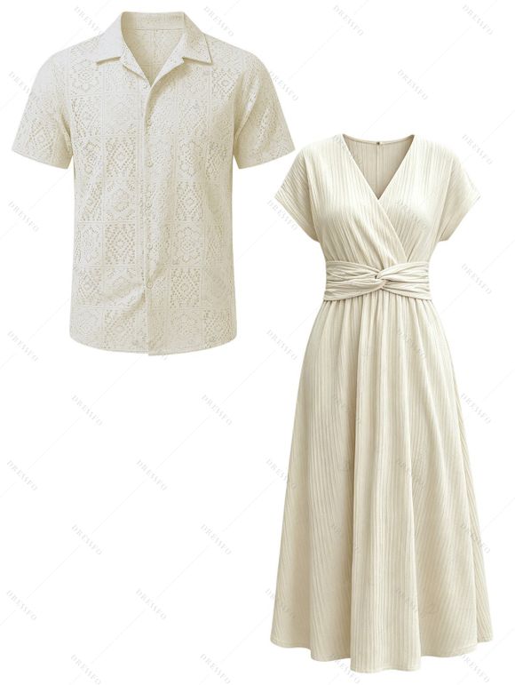 Vacation Couple Outfit Solid Color Textured Surplice Front Twist Knot Waist Dress and Hollow Out Shirt Set - Beige S | US 4