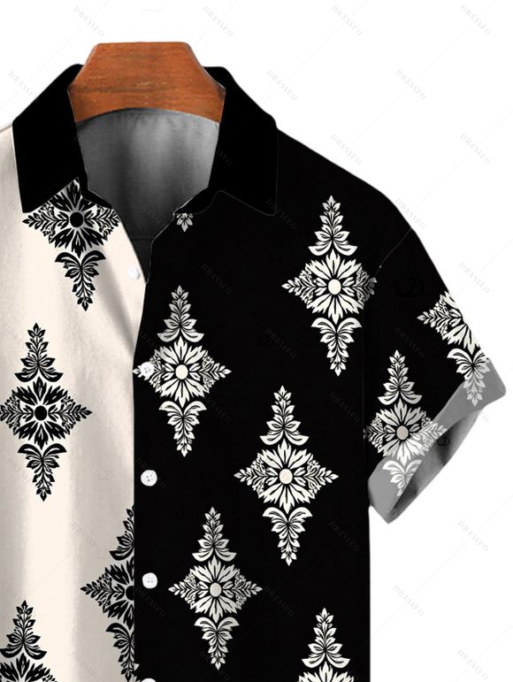 Bohemian Vacation Couple Outfit Contrast Color Baroque Damask Print Spaghetti Strap Maxi Dress and Shirt Set - Noir S | US 4