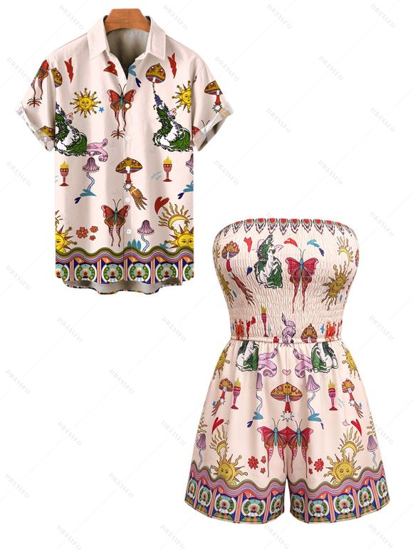 Vacation Couple Outfit Vintage Sun Butterfly Mushroom Cartoon Print Smocked Off the Shoulder Romper and Shirt Set - Rose S | US 4