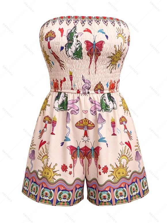 Vacation Couple Outfit Vintage Sun Butterfly Mushroom Cartoon Print Smocked Off the Shoulder Romper and Shirt Set - Rose S | US 4