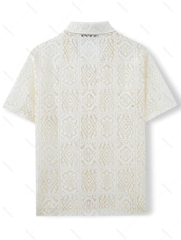 Vacation Couple Outfit Solid Color Textured Surplice Front Twist Knot Waist Dress and Hollow Out Shirt Set - Beige S | US 4