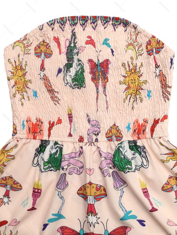 Vacation Couple Outfit Vintage Sun Butterfly Mushroom Cartoon Print Smocked Off the Shoulder Romper and Shirt Set - Rose S | US 4