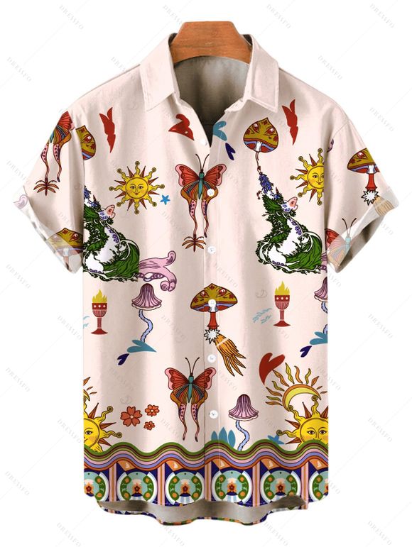Vacation Couple Outfit Vintage Sun Butterfly Mushroom Cartoon Print Smocked Off the Shoulder Romper and Shirt Set - Rose S | US 4