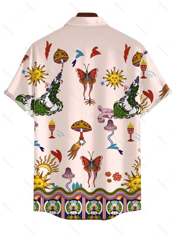Vacation Couple Outfit Vintage Sun Butterfly Mushroom Cartoon Print Smocked Off the Shoulder Romper and Shirt Set - Rose S | US 4