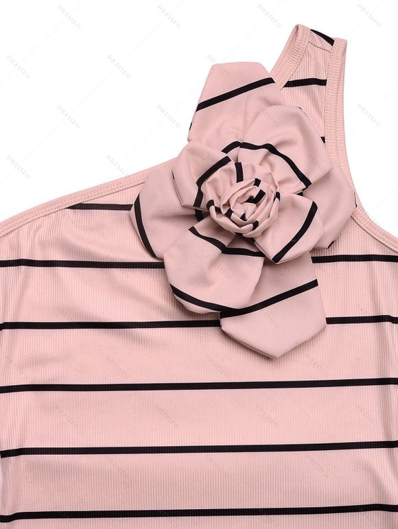 Party Dress Striped Print Flower Decor One Shoulder Bodycon Cocktail Dress - Rose XL | US 10