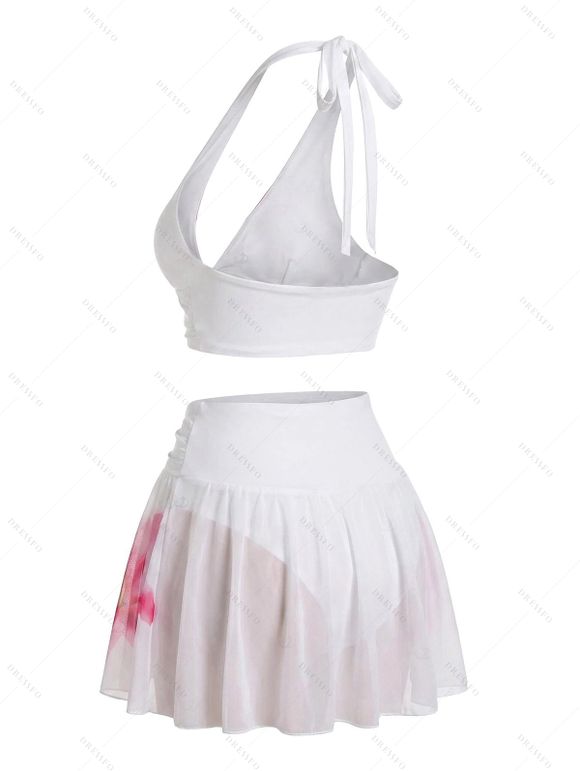 Vacation Bikini Swimsuit Watercolor Floral Print Mesh Irregular Skirt Halter Beach Swimwear Set - Blanc M | US 6