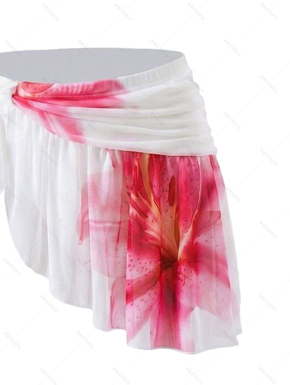 Vacation Bikini Swimsuit Watercolor Floral Print Mesh Irregular Skirt Halter Beach Swimwear Set - Blanc M | US 6