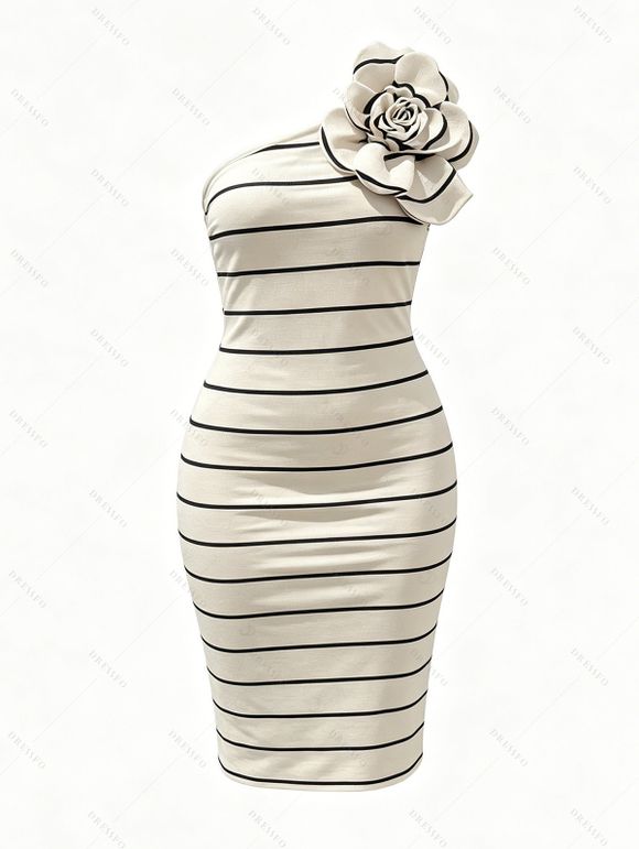 Vacation Couple Outfit Striped Print Flower Decor One Shoulder Bodycon Dress and Solid Color Geometric Hollow Out Shirt Set - Beige S | US 4